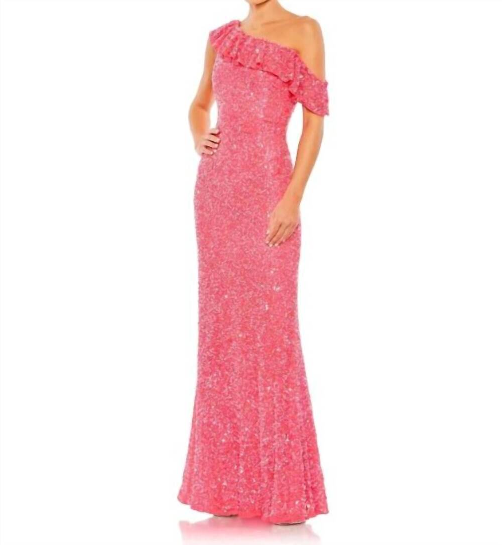 NEW MAC DUGGAL one-shoulder sequined evening gown in watermelon pink